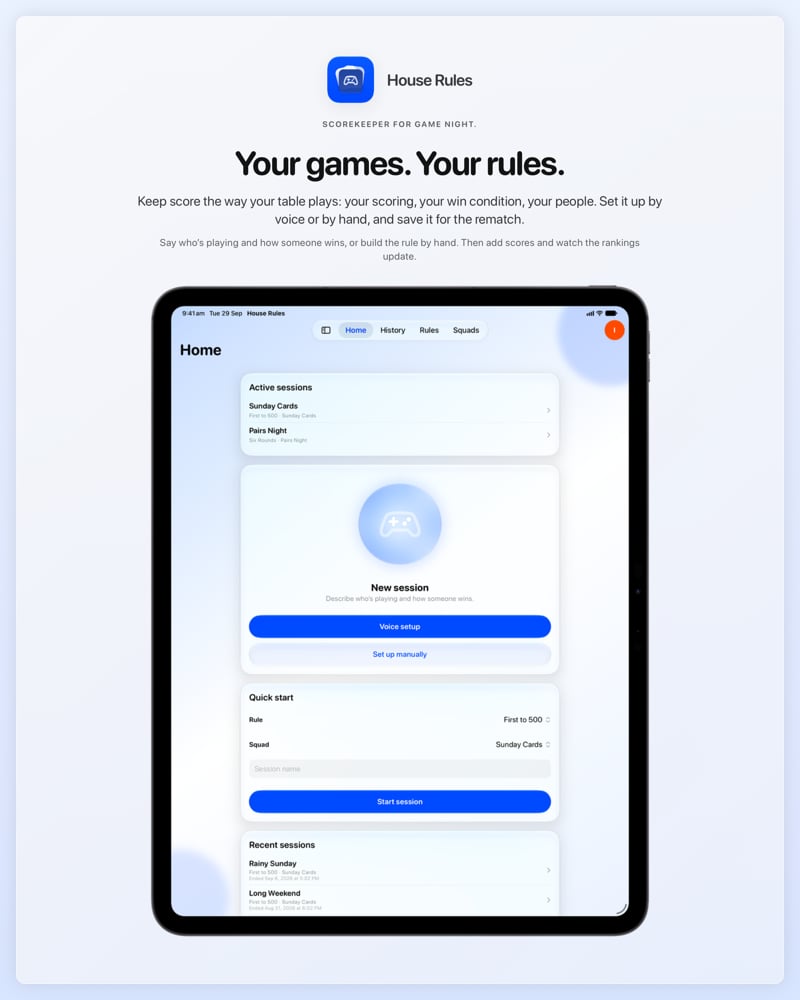 The House Rules share image, showing the app on iPad Pro 13-inch with its icon, name and headline for the Sunday Cards session, in the Blue tint, light appearance.