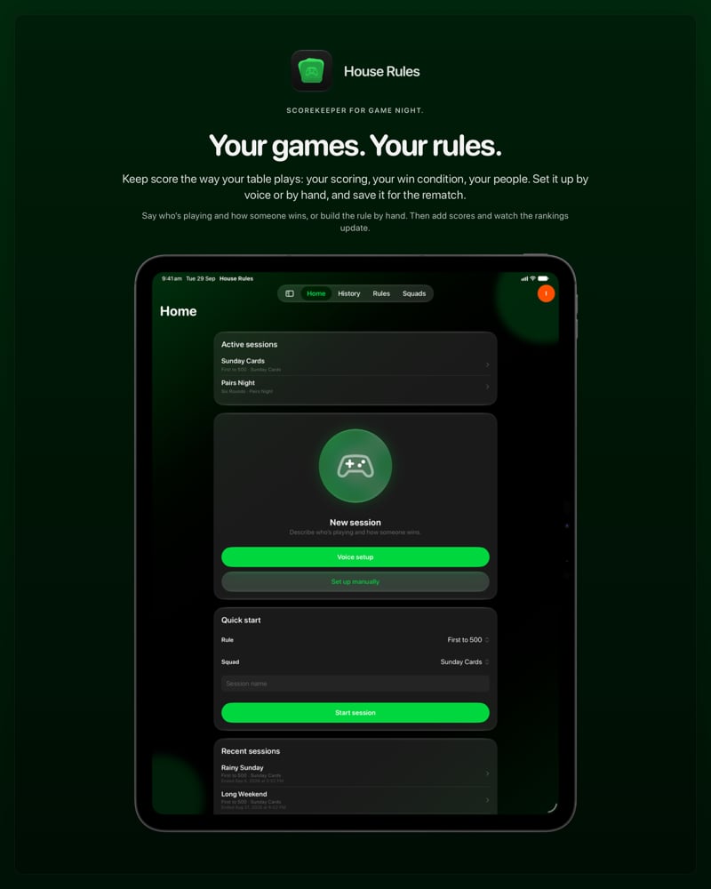 The House Rules share image, showing the app on iPad Pro 13-inch with its icon, name and headline for the Sunday Cards session, in the Green tint, dark appearance.