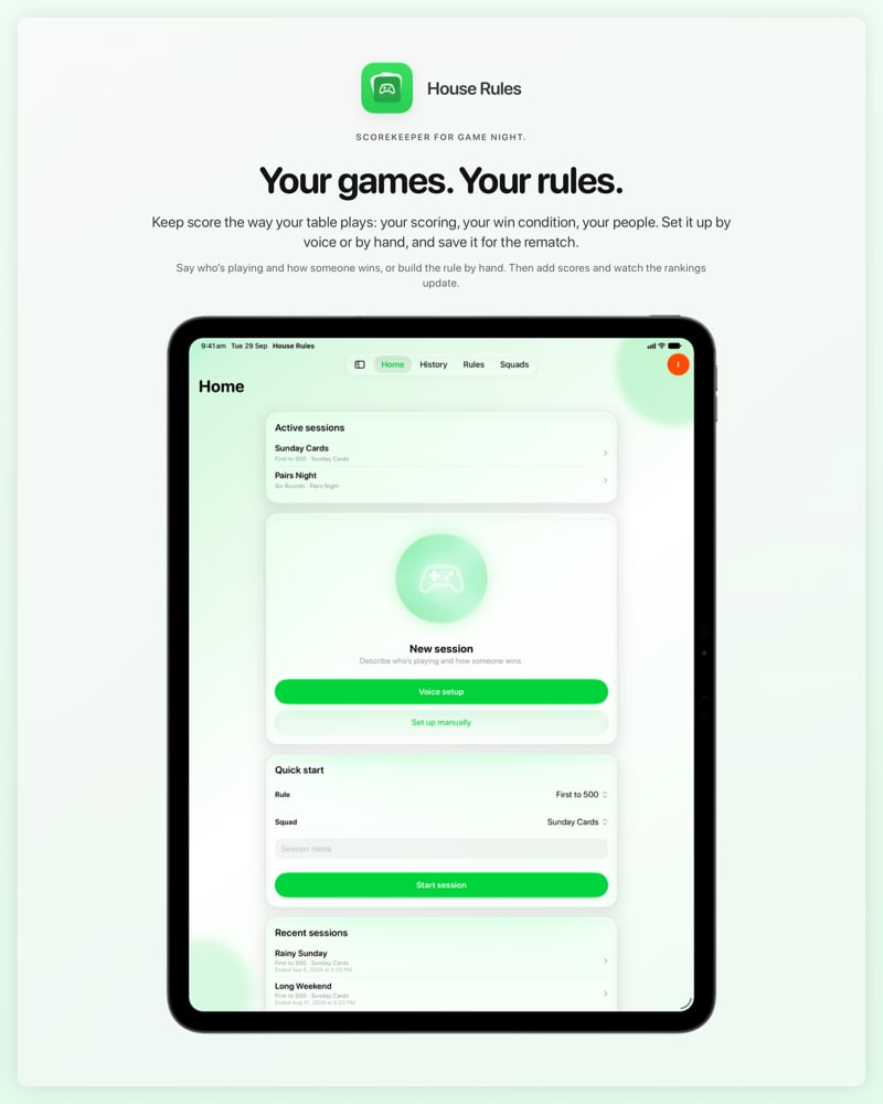 The House Rules share image, showing the app on iPad Pro 13-inch with its icon, name and headline for the Sunday Cards session, in the Green tint, light appearance.