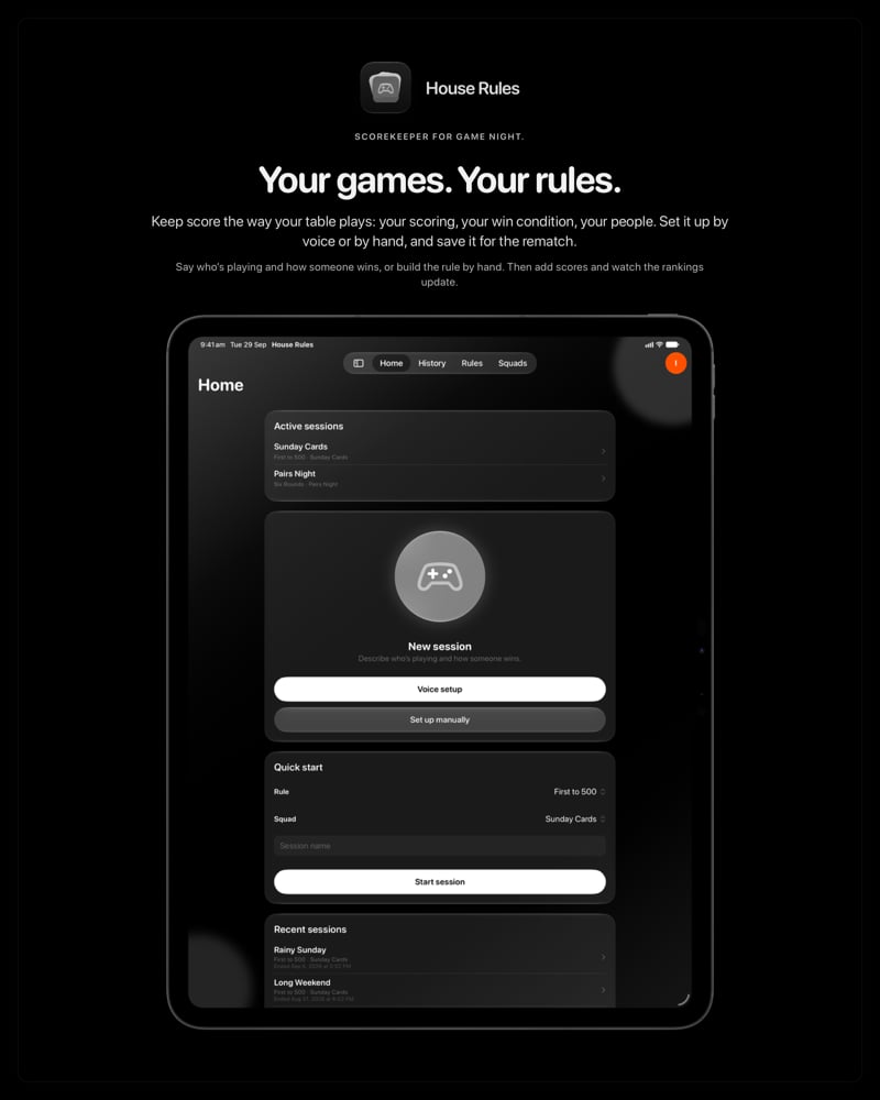 The House Rules share image, showing the app on iPad Pro 13-inch with its icon, name and headline for the Sunday Cards session, in the Grey tint, dark appearance.