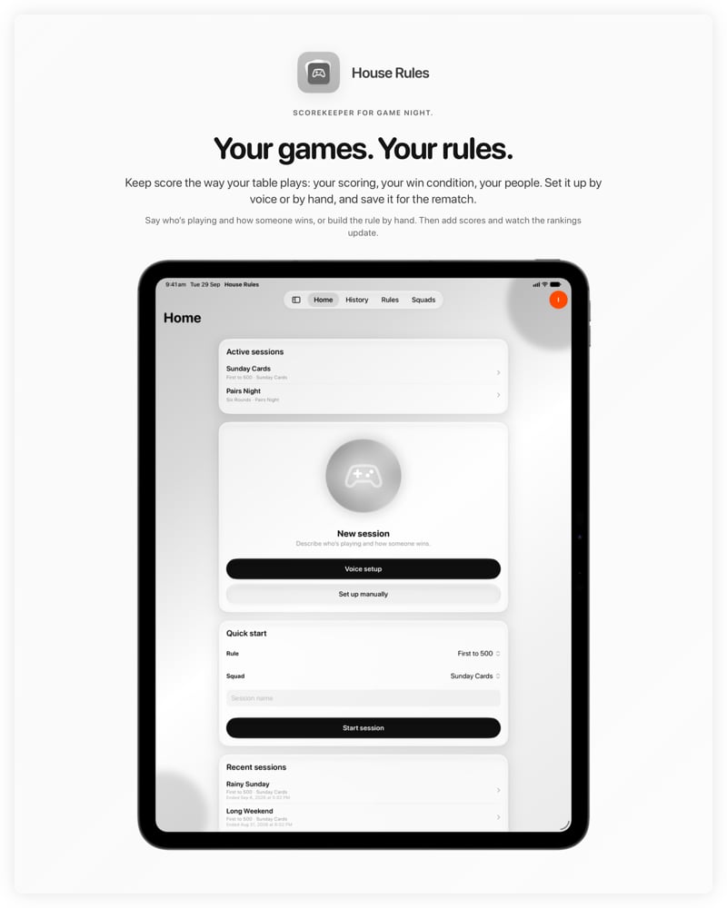 The House Rules share image, showing the app on iPad Pro 13-inch with its icon, name and headline for the Sunday Cards session, in the Grey tint, light appearance.