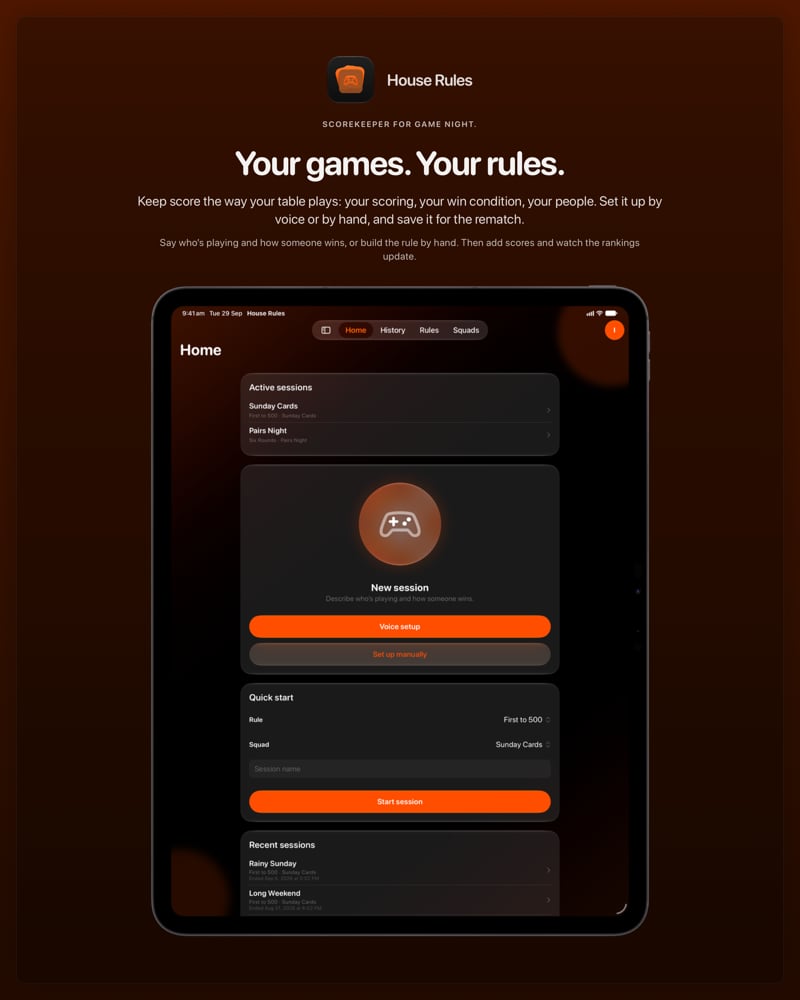 The House Rules share image, showing the app on iPad Pro 13-inch with its icon, name and headline for the Sunday Cards session, in the Orange tint, dark appearance.