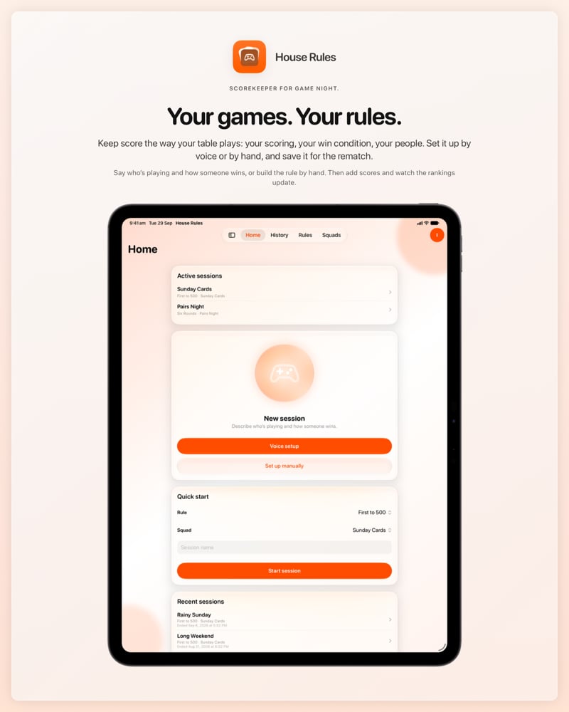 The House Rules share image, showing the app on iPad Pro 13-inch with its icon, name and headline for the Sunday Cards session, in the Orange tint, light appearance.