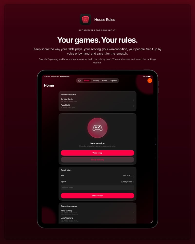 The House Rules share image, showing the app on iPad Pro 13-inch with its icon, name and headline for the Sunday Cards session, in the Pink tint, dark appearance.