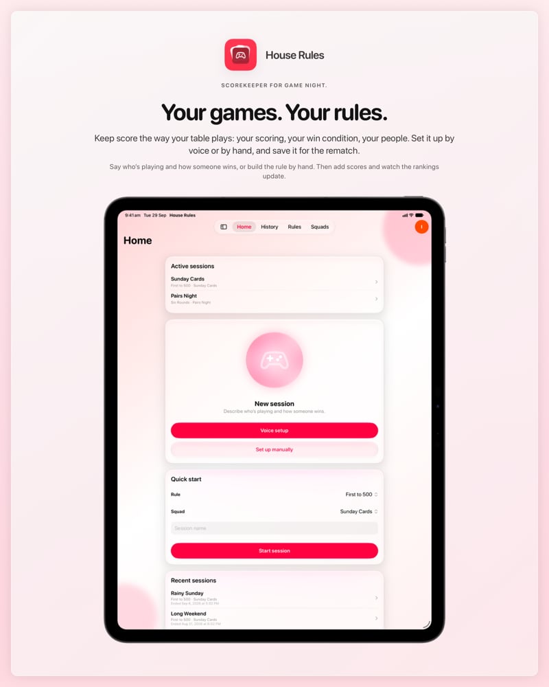 The House Rules share image, showing the app on iPad Pro 13-inch with its icon, name and headline for the Sunday Cards session, in the Pink tint, light appearance.