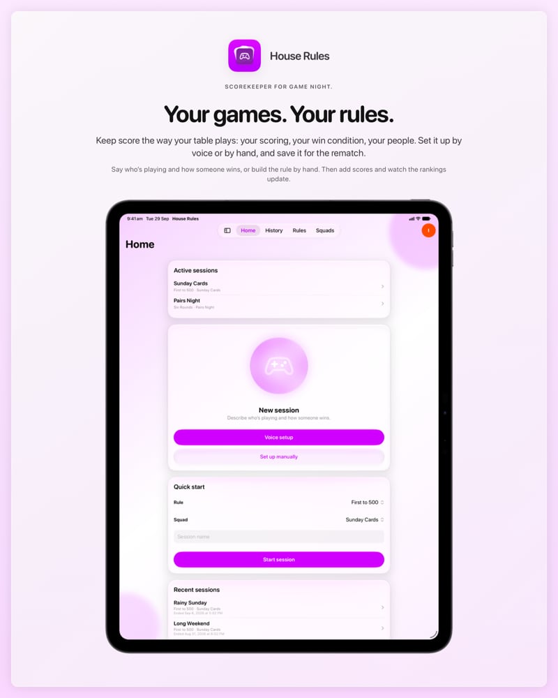 The House Rules share image, showing the app on iPad Pro 13-inch with its icon, name and headline for the Sunday Cards session, in the Purple tint, light appearance.