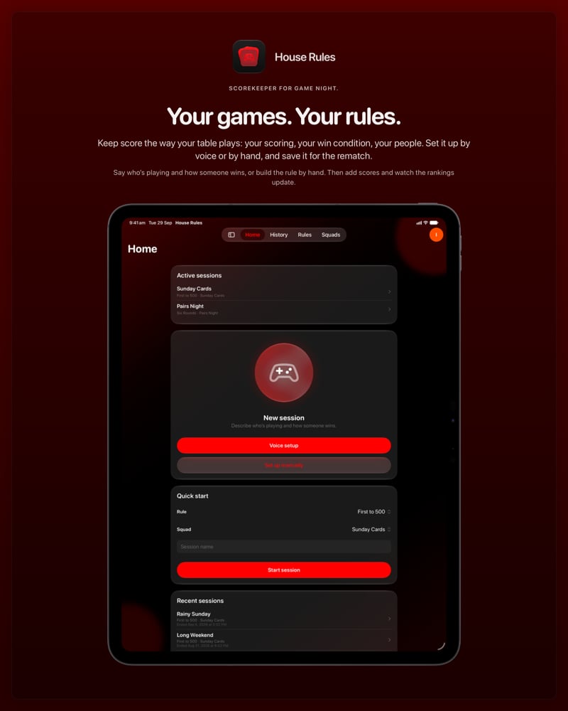 The House Rules share image, showing the app on iPad Pro 13-inch with its icon, name and headline for the Sunday Cards session, in the Red tint, dark appearance.