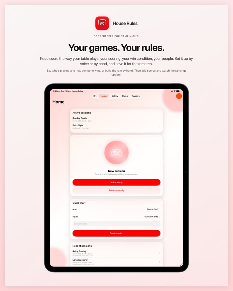 The House Rules share image, showing the app on iPad Pro 13-inch with its icon, name and headline for the Sunday Cards session, in the Red tint, light appearance.