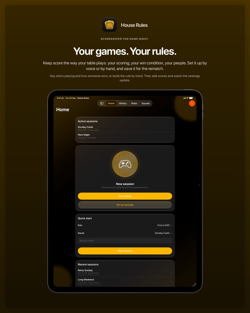 The House Rules share image, showing the app on iPad Pro 13-inch with its icon, name and headline for the Sunday Cards session, in the Yellow tint, dark appearance.
