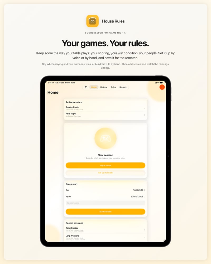 The House Rules share image, showing the app on iPad Pro 13-inch with its icon, name and headline for the Sunday Cards session, in the Yellow tint, light appearance.