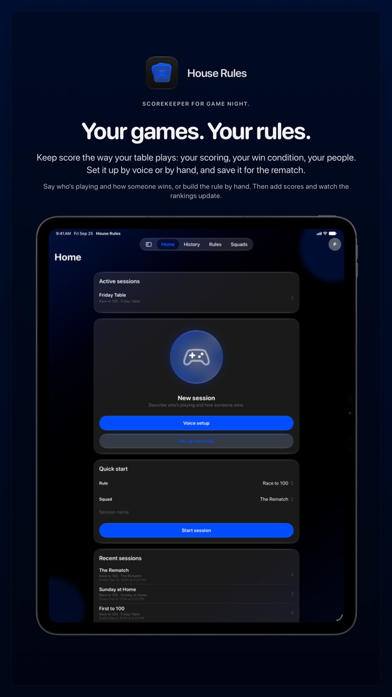 The House Rules share image, showing the app on iPad Pro 13-inch with its icon, name and headline for the Friday Table session, in the Blue tint, dark appearance.