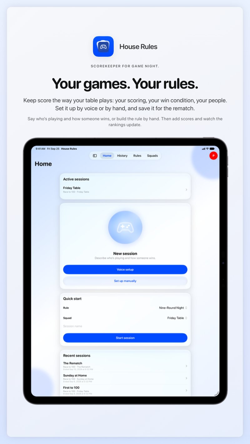 The House Rules share image, showing the app on iPad Pro 13-inch with its icon, name and headline for the Friday Table session, in the Blue tint, light appearance.