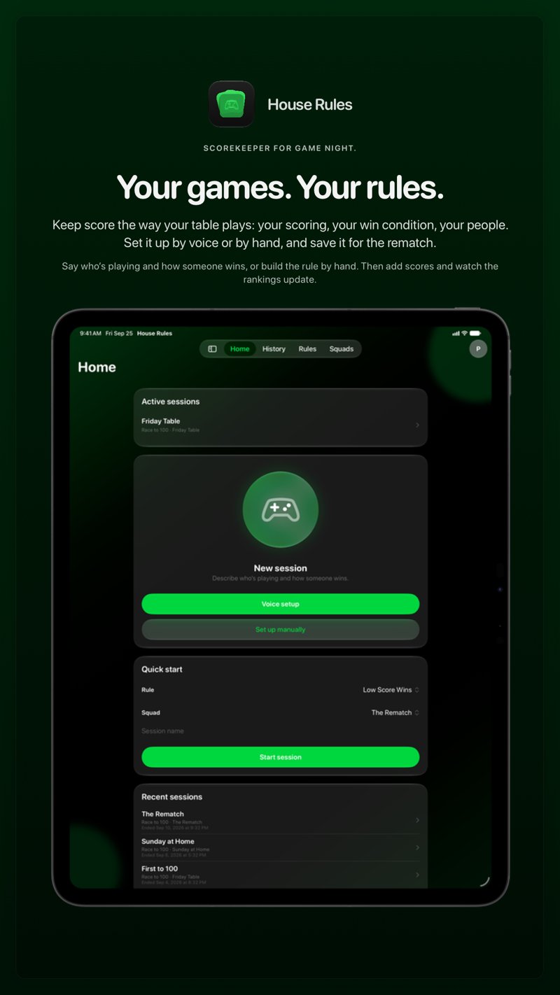 The House Rules share image, showing the app on iPad Pro 13-inch with its icon, name and headline for the Friday Table session, in the Green tint, dark appearance.