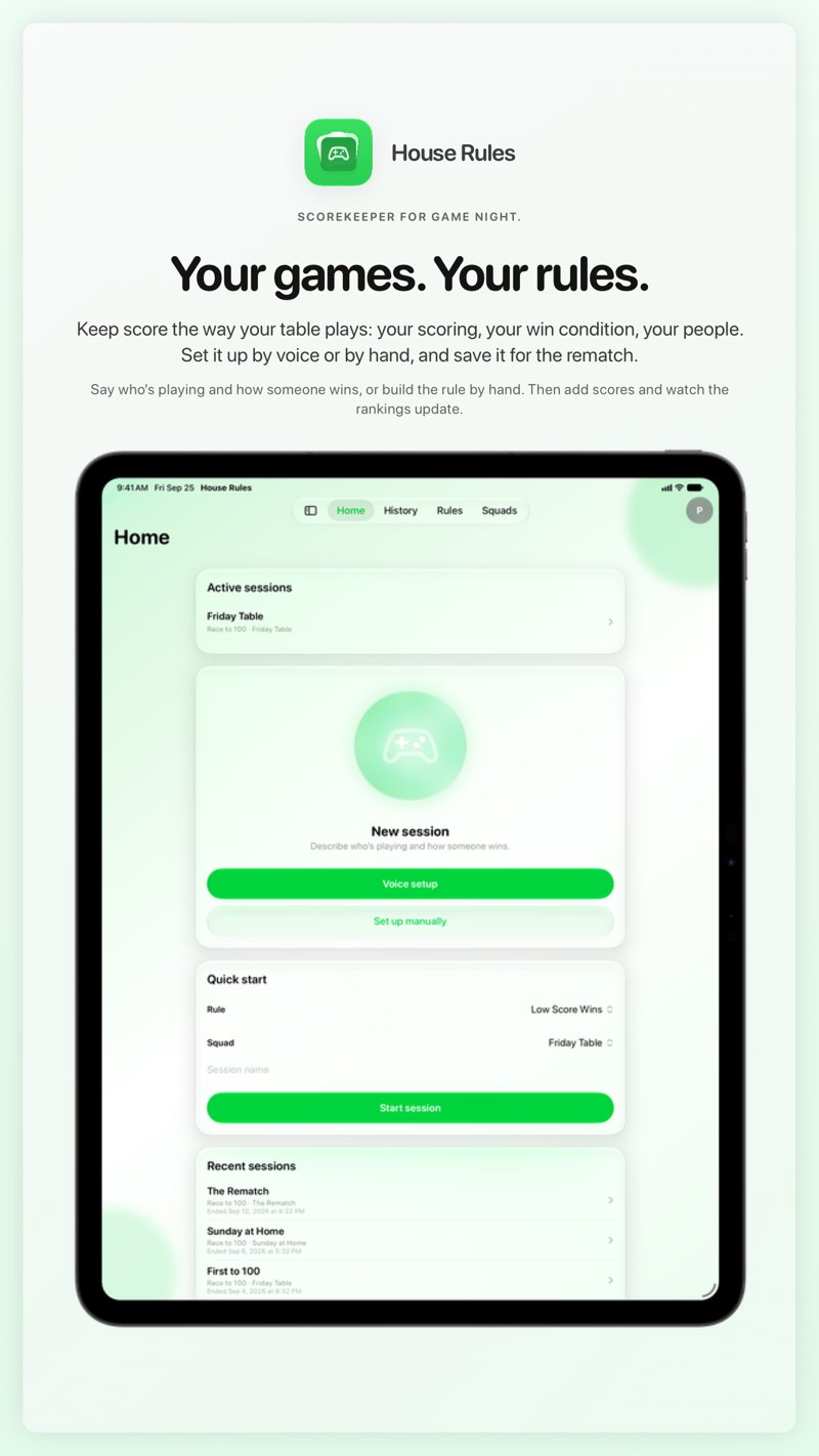 The House Rules share image, showing the app on iPad Pro 13-inch with its icon, name and headline for the Friday Table session, in the Green tint, light appearance.