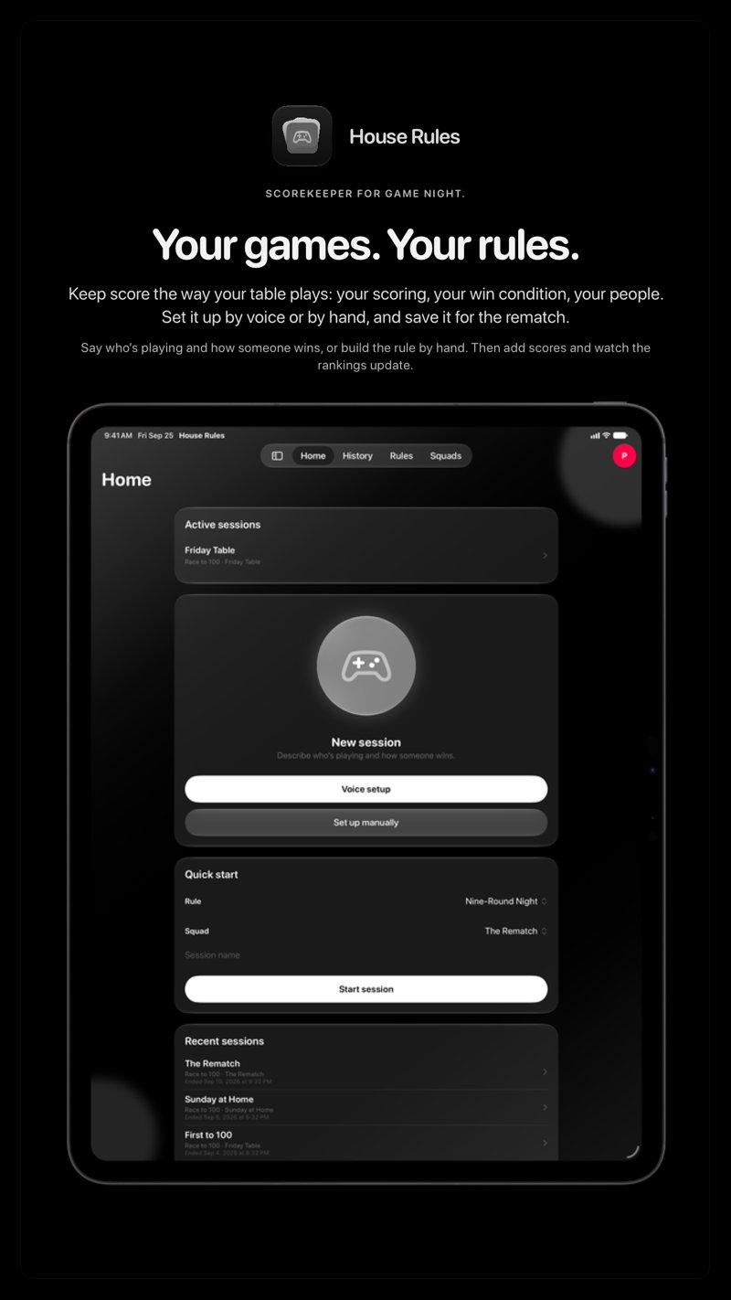 The House Rules share image, showing the app on iPad Pro 13-inch with its icon, name and headline for the Friday Table session, in the Grey tint, dark appearance.