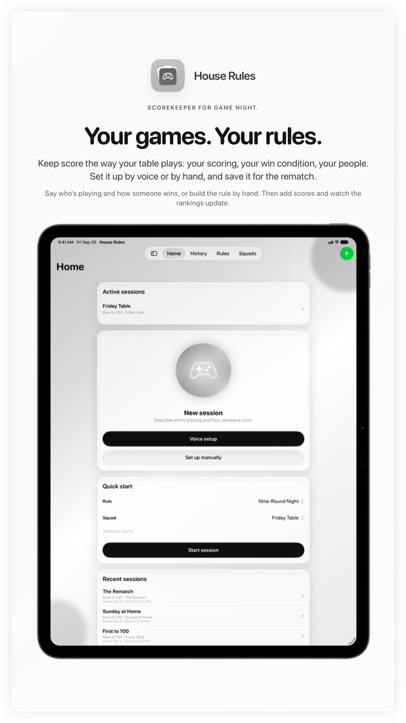 The House Rules share image, showing the app on iPad Pro 13-inch with its icon, name and headline for the Friday Table session, in the Grey tint, light appearance.