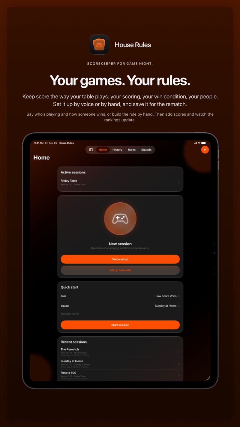 The House Rules share image, showing the app on iPad Pro 13-inch with its icon, name and headline for the Friday Table session, in the Orange tint, dark appearance.