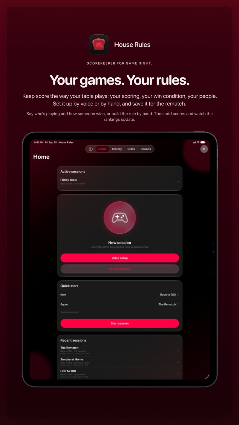The House Rules share image, showing the app on iPad Pro 13-inch with its icon, name and headline for the Friday Table session, in the Pink tint, dark appearance.