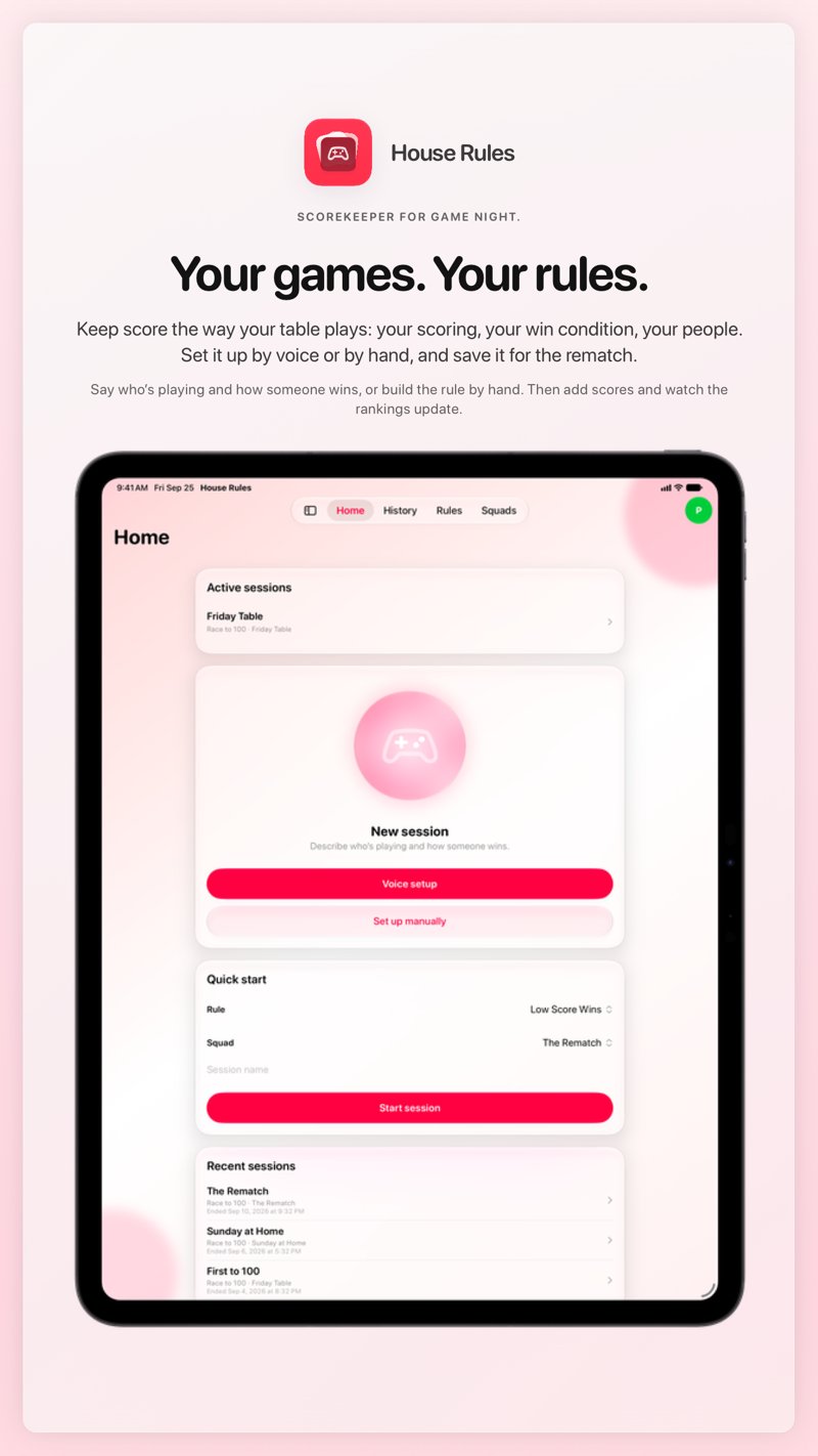 The House Rules share image, showing the app on iPad Pro 13-inch with its icon, name and headline for the Friday Table session, in the Pink tint, light appearance.