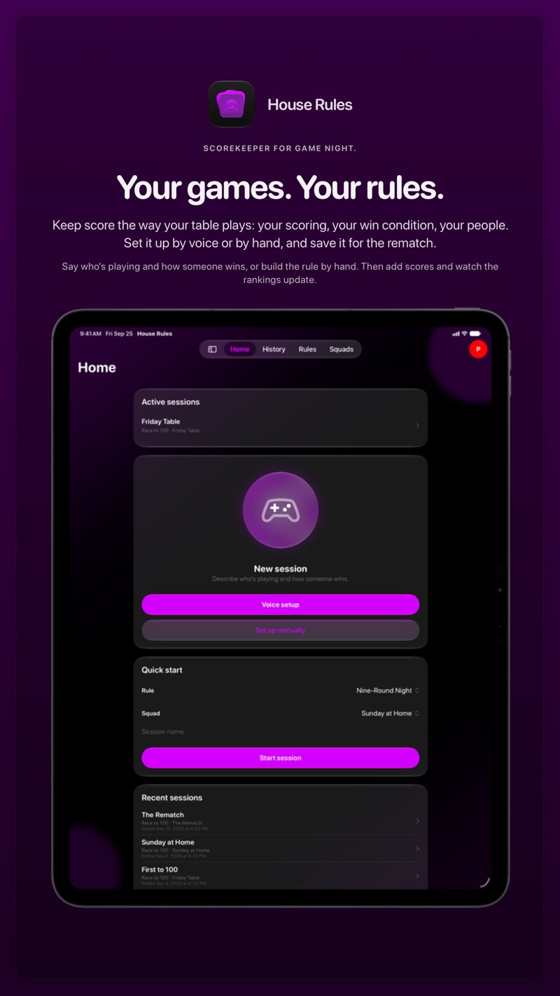 The House Rules share image, showing the app on iPad Pro 13-inch with its icon, name and headline for the Friday Table session, in the Purple tint, dark appearance.