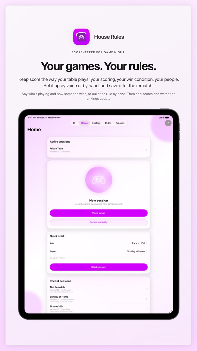 The House Rules share image, showing the app on iPad Pro 13-inch with its icon, name and headline for the Friday Table session, in the Purple tint, light appearance.