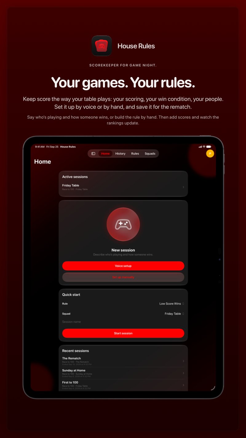 The House Rules share image, showing the app on iPad Pro 13-inch with its icon, name and headline for the Friday Table session, in the Red tint, dark appearance.