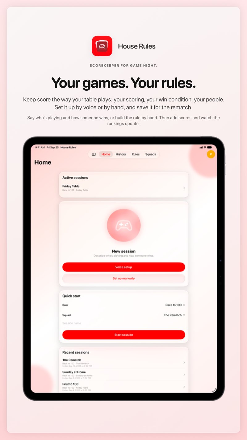 The House Rules share image, showing the app on iPad Pro 13-inch with its icon, name and headline for the Friday Table session, in the Red tint, light appearance.