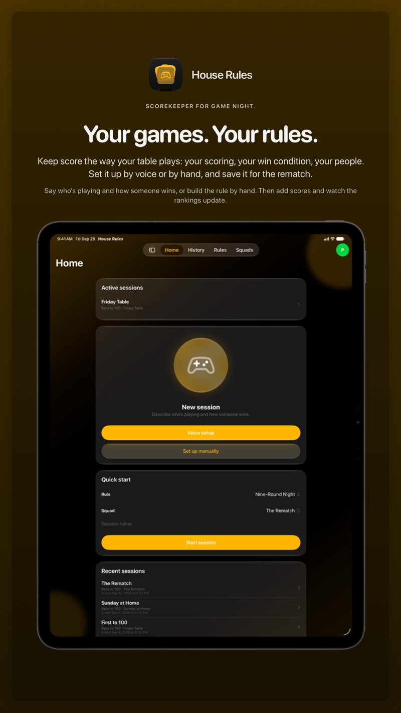 The House Rules share image, showing the app on iPad Pro 13-inch with its icon, name and headline for the Friday Table session, in the Yellow tint, dark appearance.