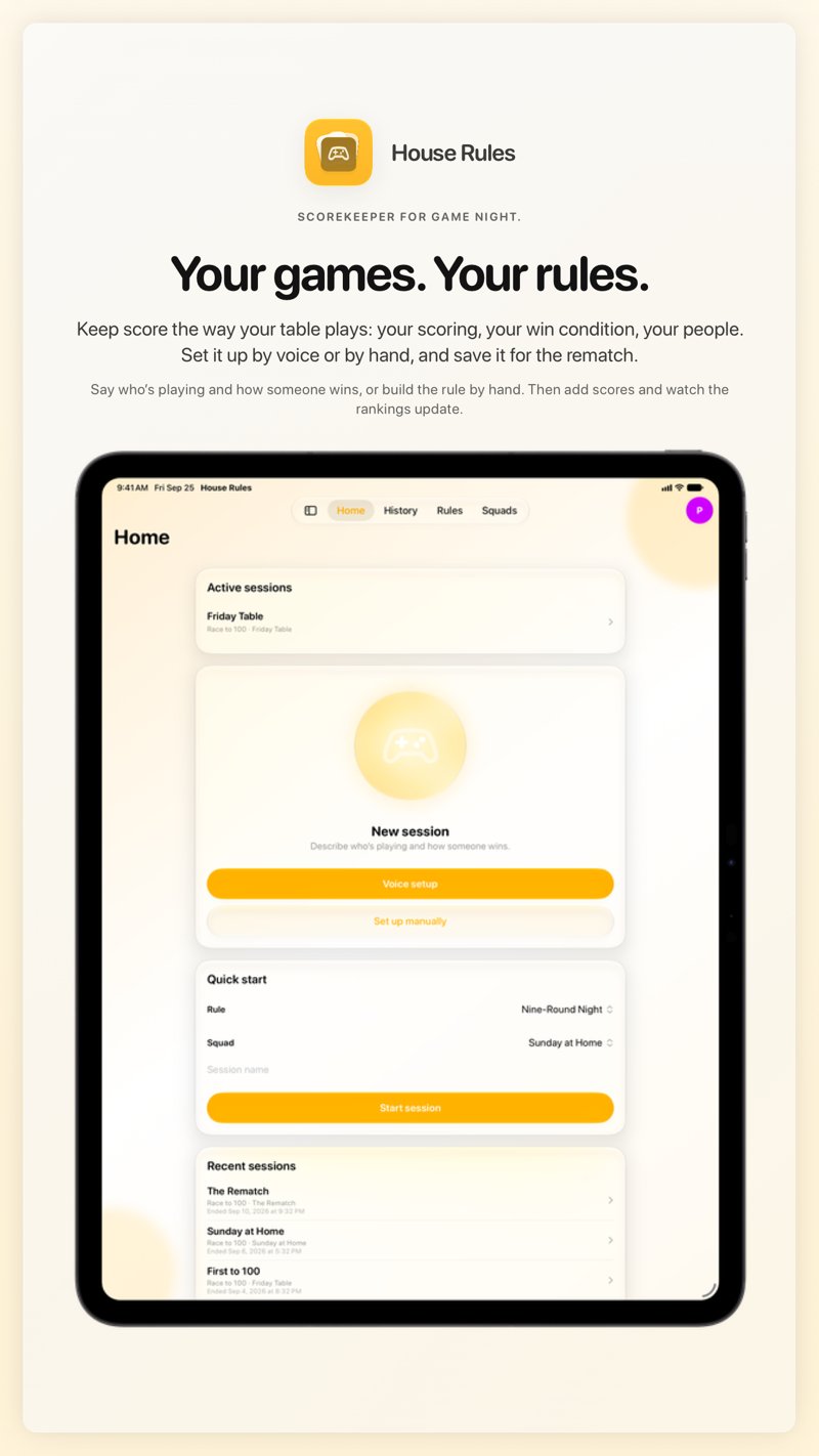 The House Rules share image, showing the app on iPad Pro 13-inch with its icon, name and headline for the Friday Table session, in the Yellow tint, light appearance.