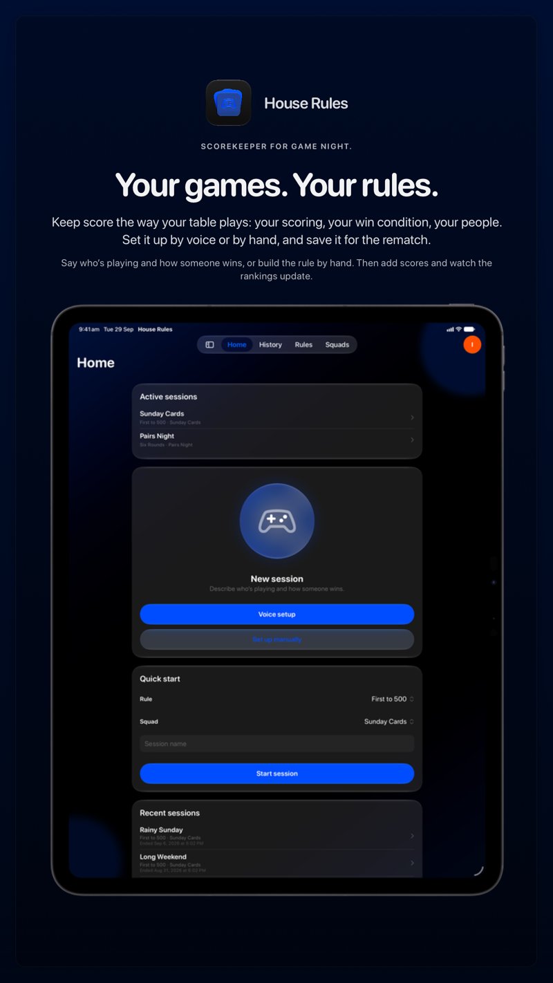 The House Rules share image, showing the app on iPad Pro 13-inch with its icon, name and headline for the Sunday Cards session, in the Blue tint, dark appearance.
