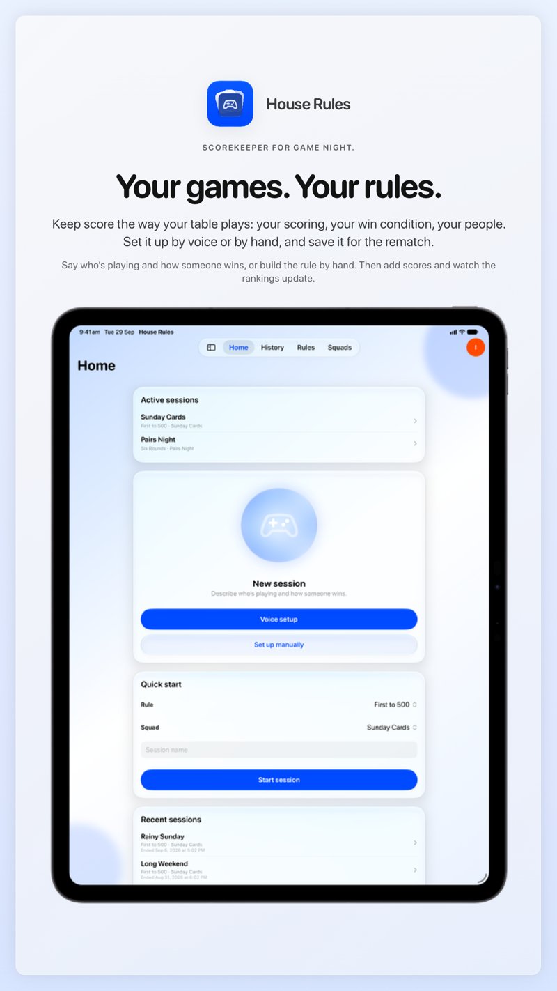 The House Rules share image, showing the app on iPad Pro 13-inch with its icon, name and headline for the Sunday Cards session, in the Blue tint, light appearance.