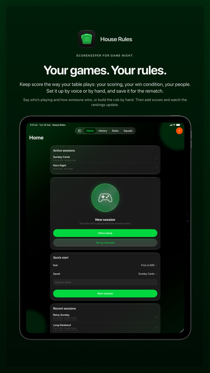 The House Rules share image, showing the app on iPad Pro 13-inch with its icon, name and headline for the Sunday Cards session, in the Green tint, dark appearance.