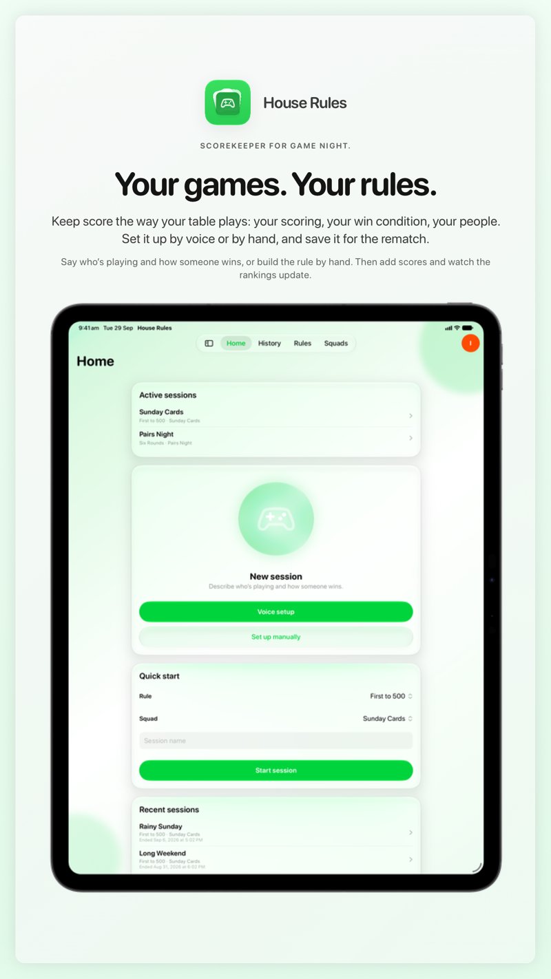 The House Rules share image, showing the app on iPad Pro 13-inch with its icon, name and headline for the Sunday Cards session, in the Green tint, light appearance.