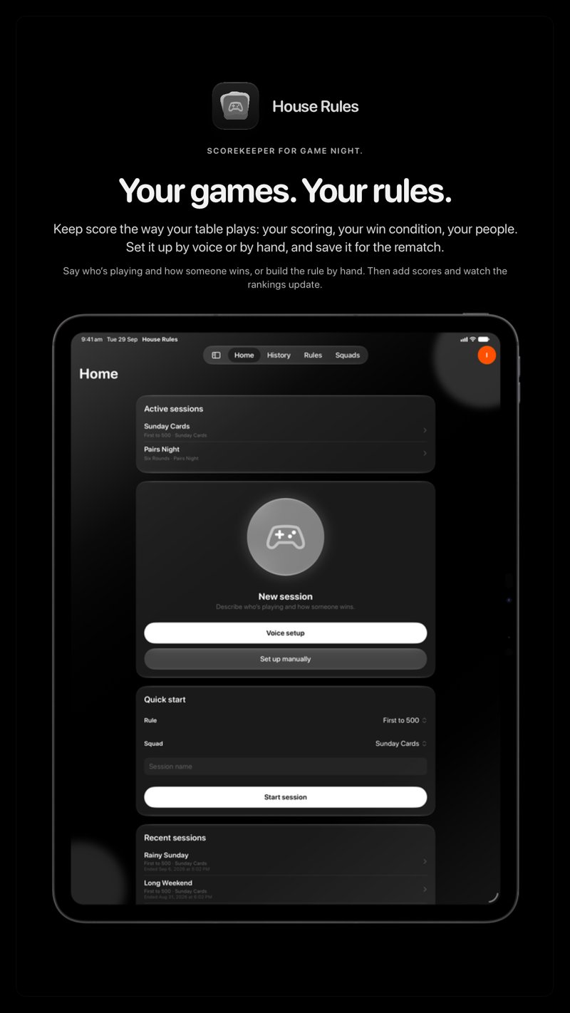 The House Rules share image, showing the app on iPad Pro 13-inch with its icon, name and headline for the Sunday Cards session, in the Grey tint, dark appearance.
