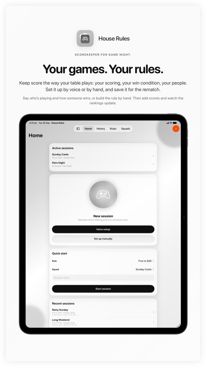 The House Rules share image, showing the app on iPad Pro 13-inch with its icon, name and headline for the Sunday Cards session, in the Grey tint, light appearance.