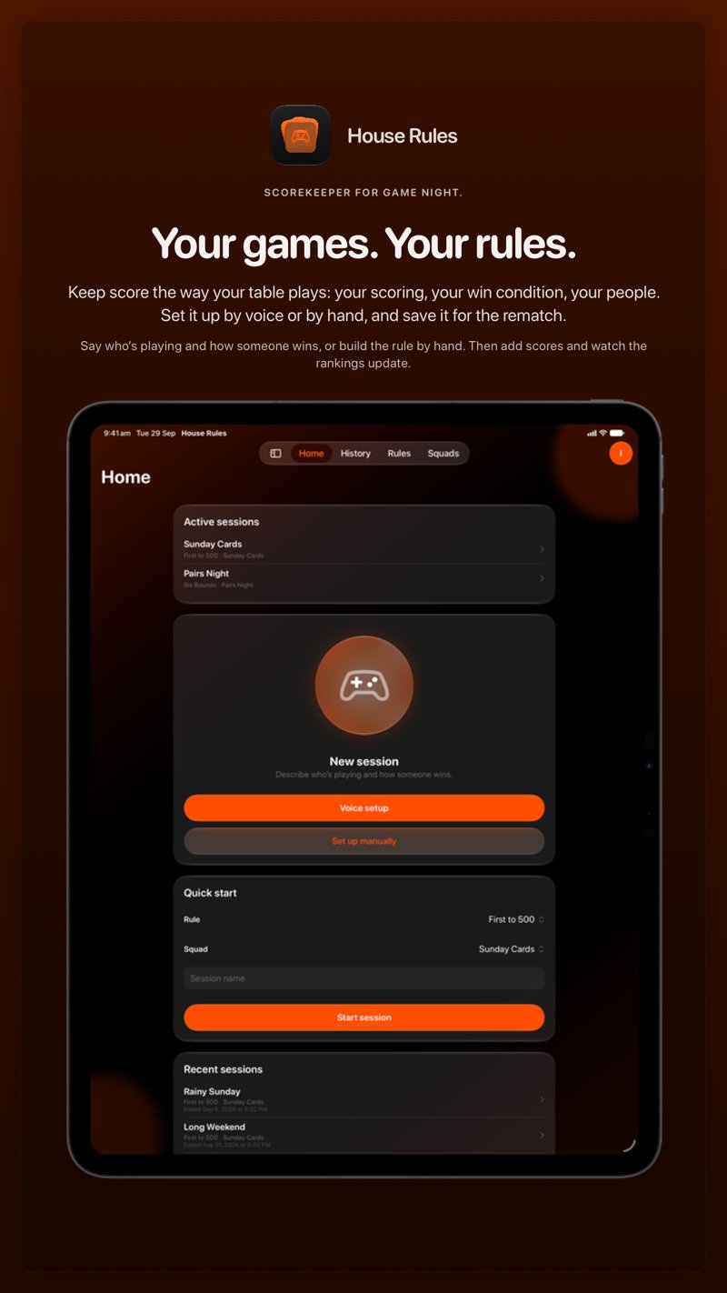 The House Rules share image, showing the app on iPad Pro 13-inch with its icon, name and headline for the Sunday Cards session, in the Orange tint, dark appearance.