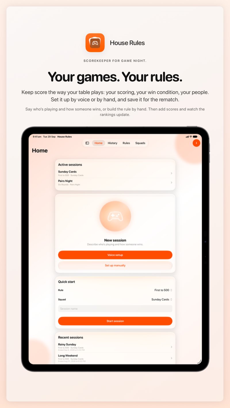 The House Rules share image, showing the app on iPad Pro 13-inch with its icon, name and headline for the Sunday Cards session, in the Orange tint, light appearance.