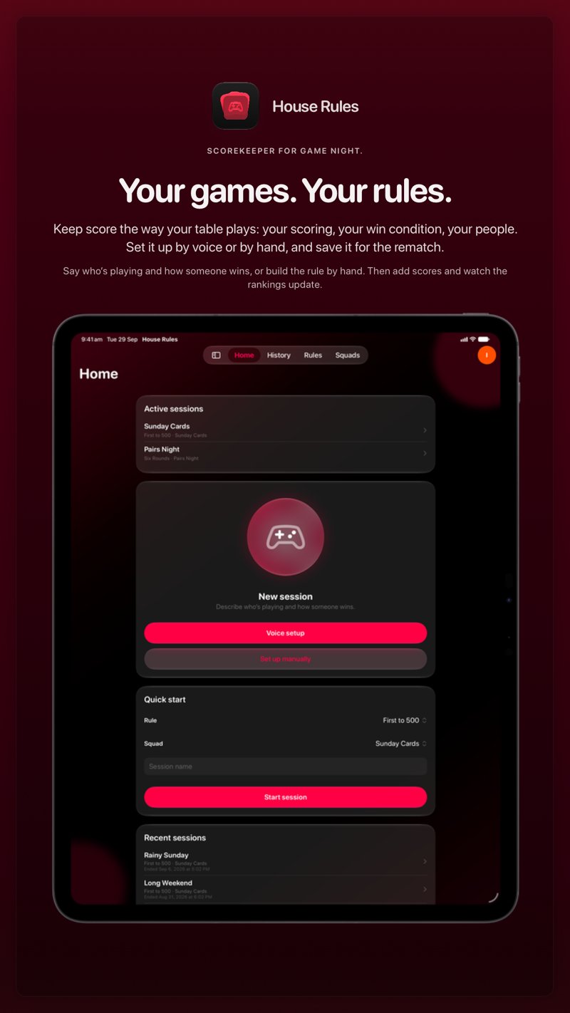 The House Rules share image, showing the app on iPad Pro 13-inch with its icon, name and headline for the Sunday Cards session, in the Pink tint, dark appearance.