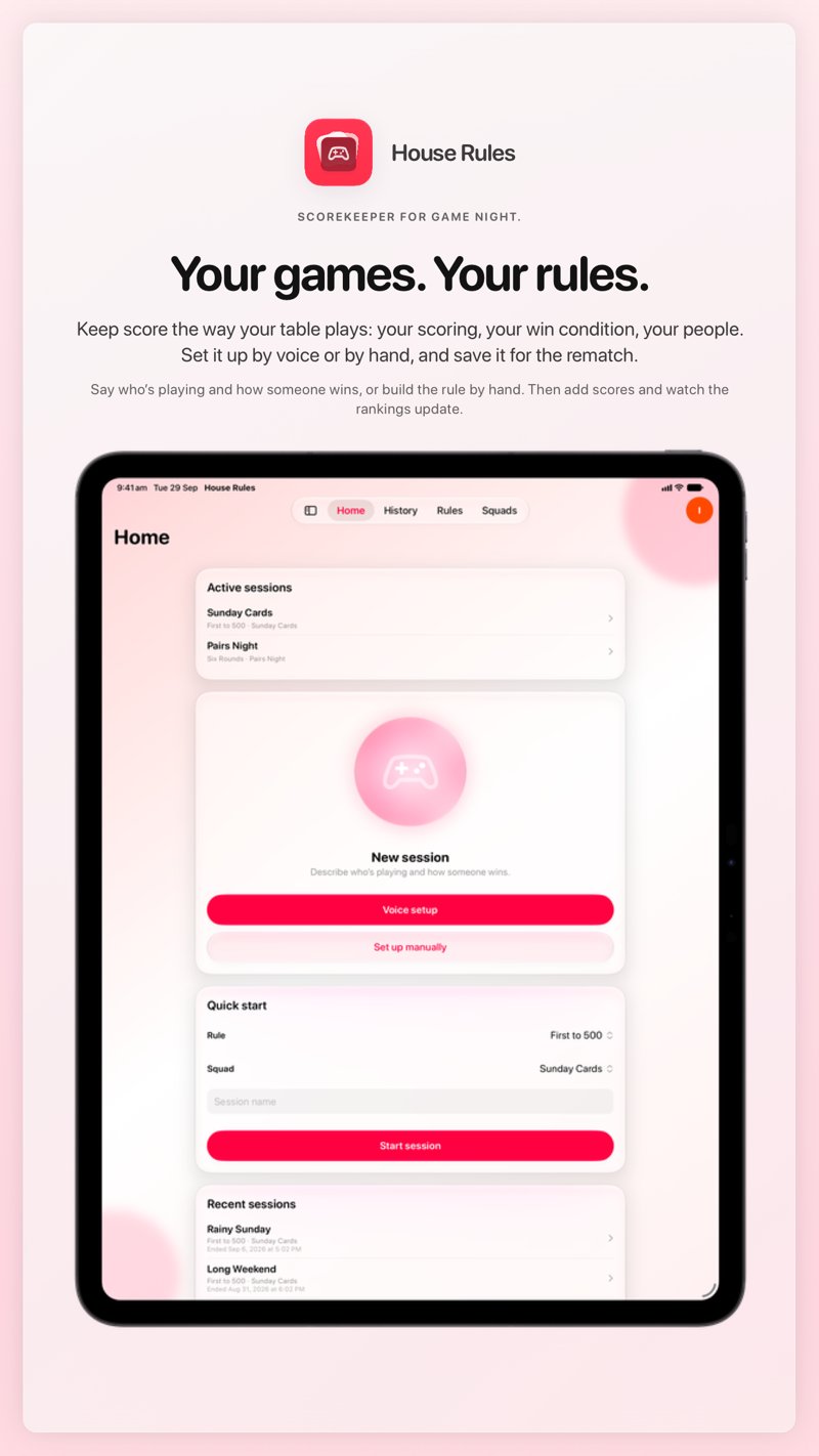 The House Rules share image, showing the app on iPad Pro 13-inch with its icon, name and headline for the Sunday Cards session, in the Pink tint, light appearance.