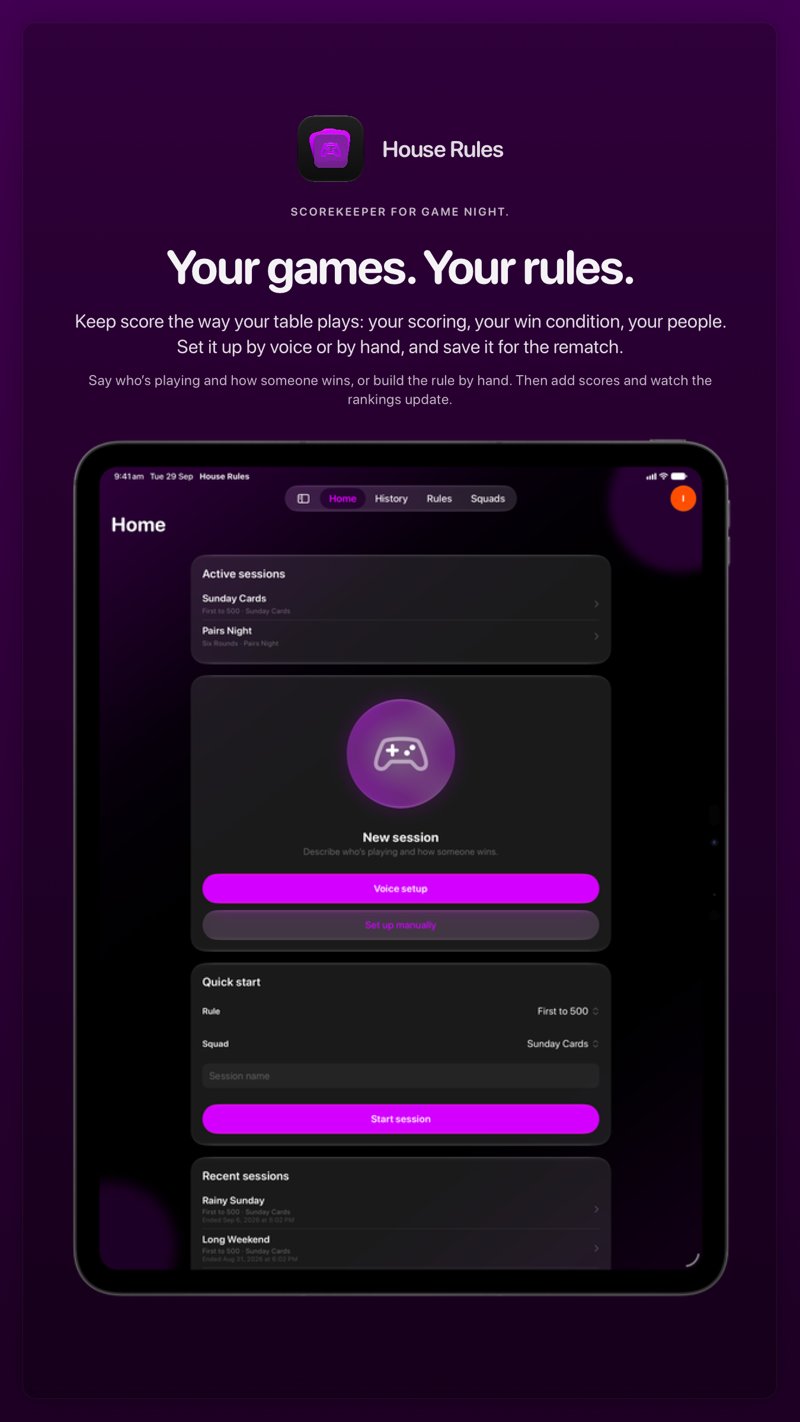 The House Rules share image, showing the app on iPad Pro 13-inch with its icon, name and headline for the Sunday Cards session, in the Purple tint, dark appearance.