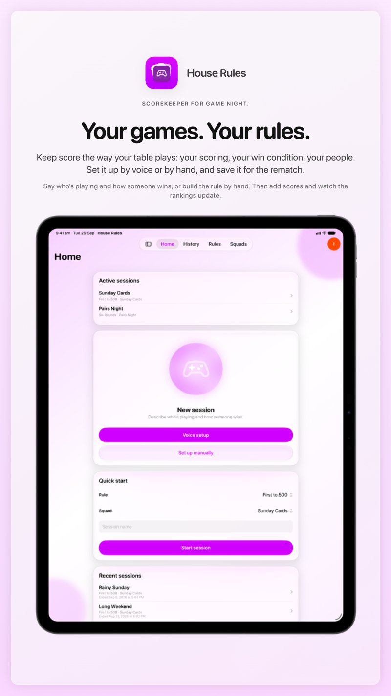 The House Rules share image, showing the app on iPad Pro 13-inch with its icon, name and headline for the Sunday Cards session, in the Purple tint, light appearance.