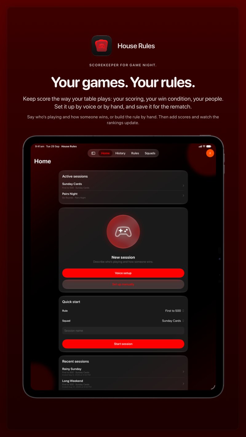 The House Rules share image, showing the app on iPad Pro 13-inch with its icon, name and headline for the Sunday Cards session, in the Red tint, dark appearance.