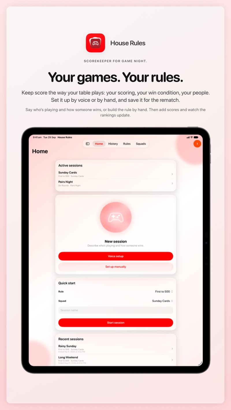 The House Rules share image, showing the app on iPad Pro 13-inch with its icon, name and headline for the Sunday Cards session, in the Red tint, light appearance.