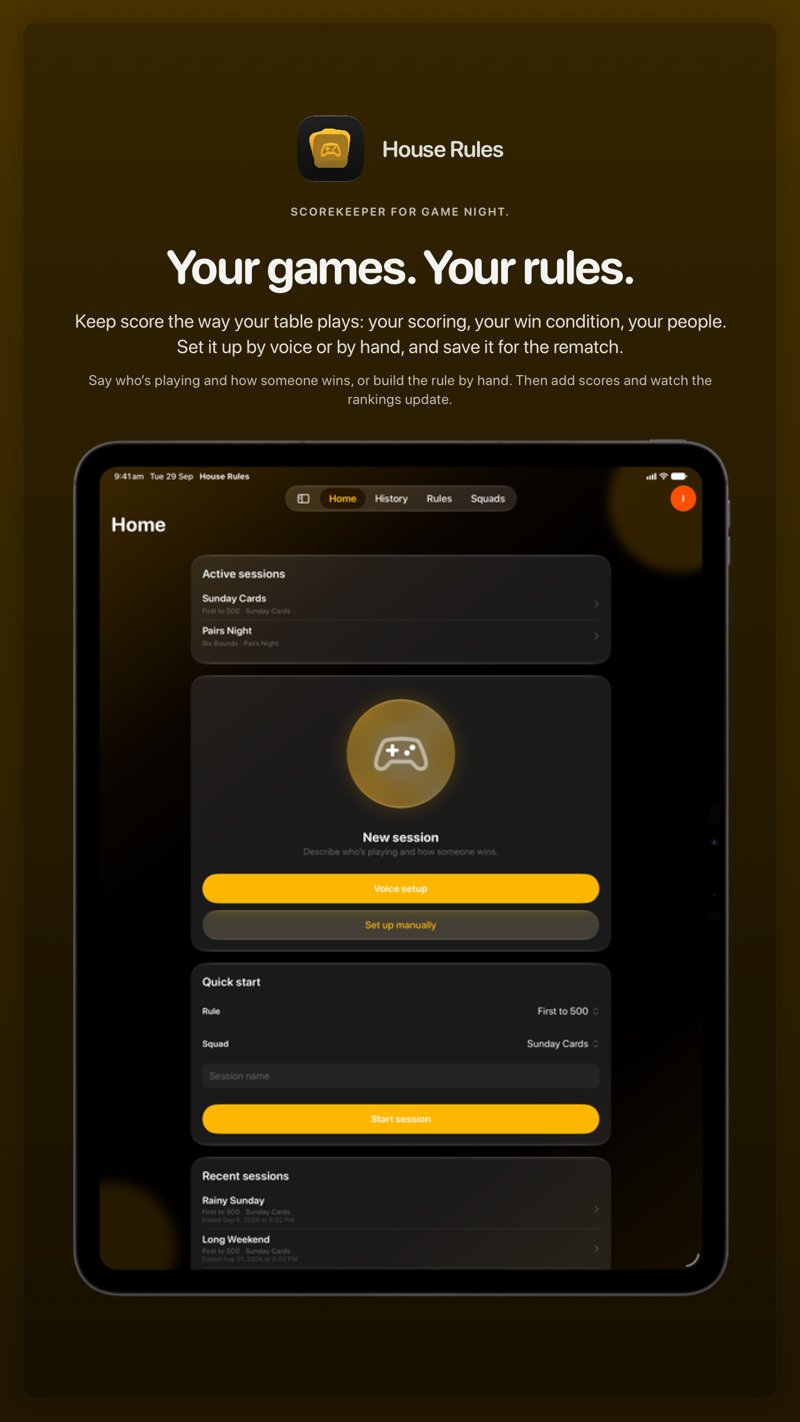 The House Rules share image, showing the app on iPad Pro 13-inch with its icon, name and headline for the Sunday Cards session, in the Yellow tint, dark appearance.