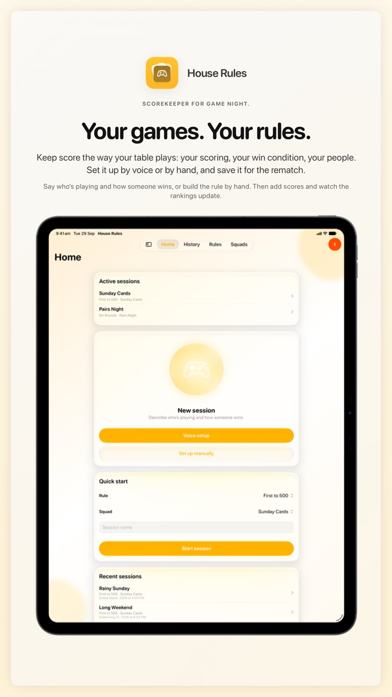 The House Rules share image, showing the app on iPad Pro 13-inch with its icon, name and headline for the Sunday Cards session, in the Yellow tint, light appearance.