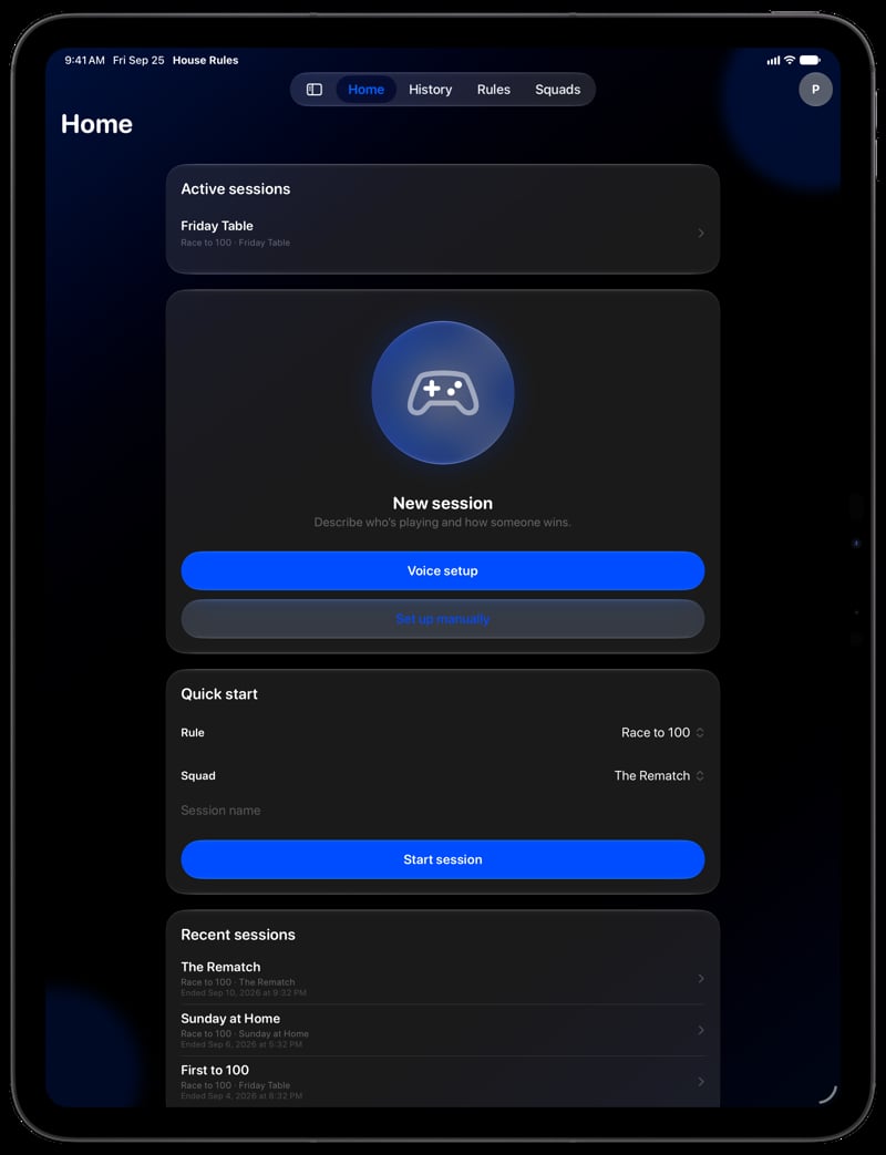 House Rules on iPad Pro 13-inch showing Home for the Friday Table session, in the Blue tint, dark appearance.
