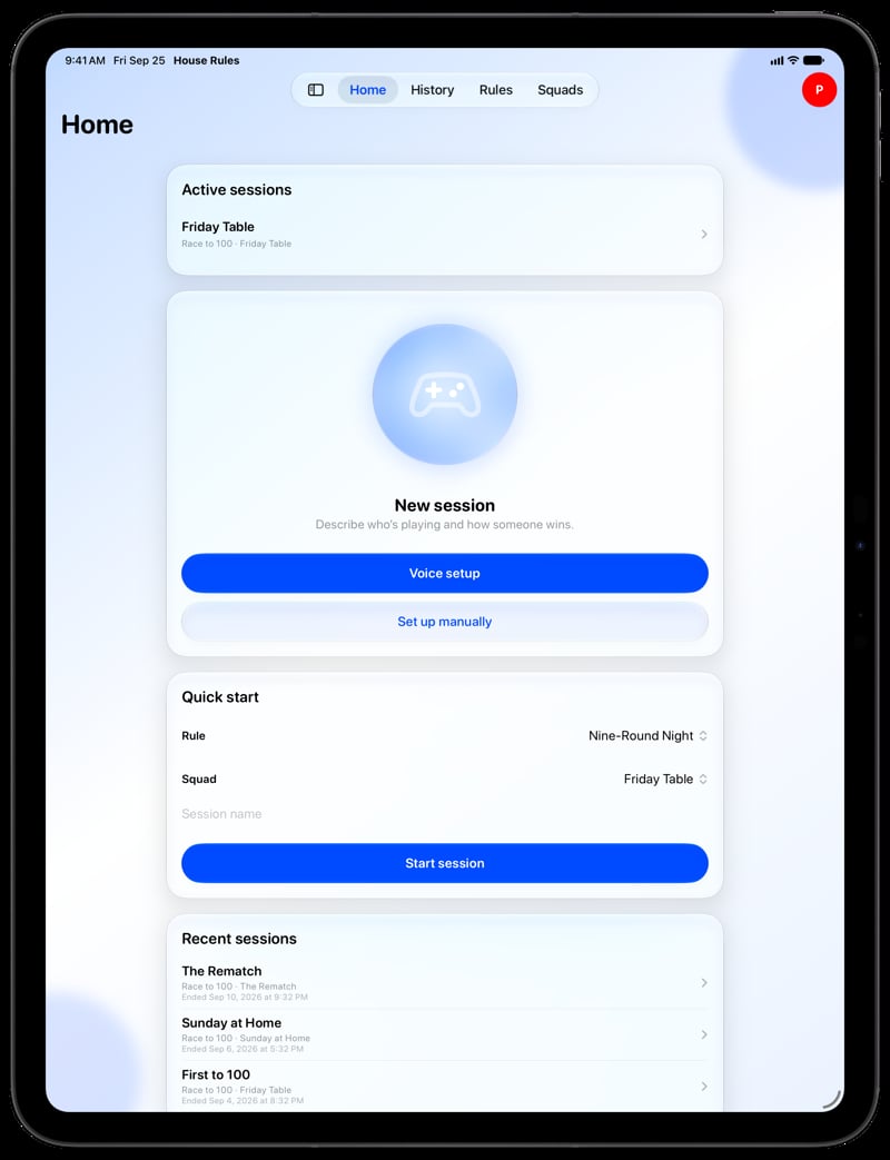House Rules on iPad Pro 13-inch showing Home for the Friday Table session, in the Blue tint, light appearance.