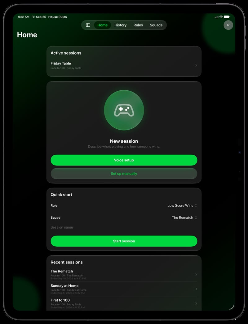 House Rules on iPad Pro 13-inch showing Home for the Friday Table session, in the Green tint, dark appearance.