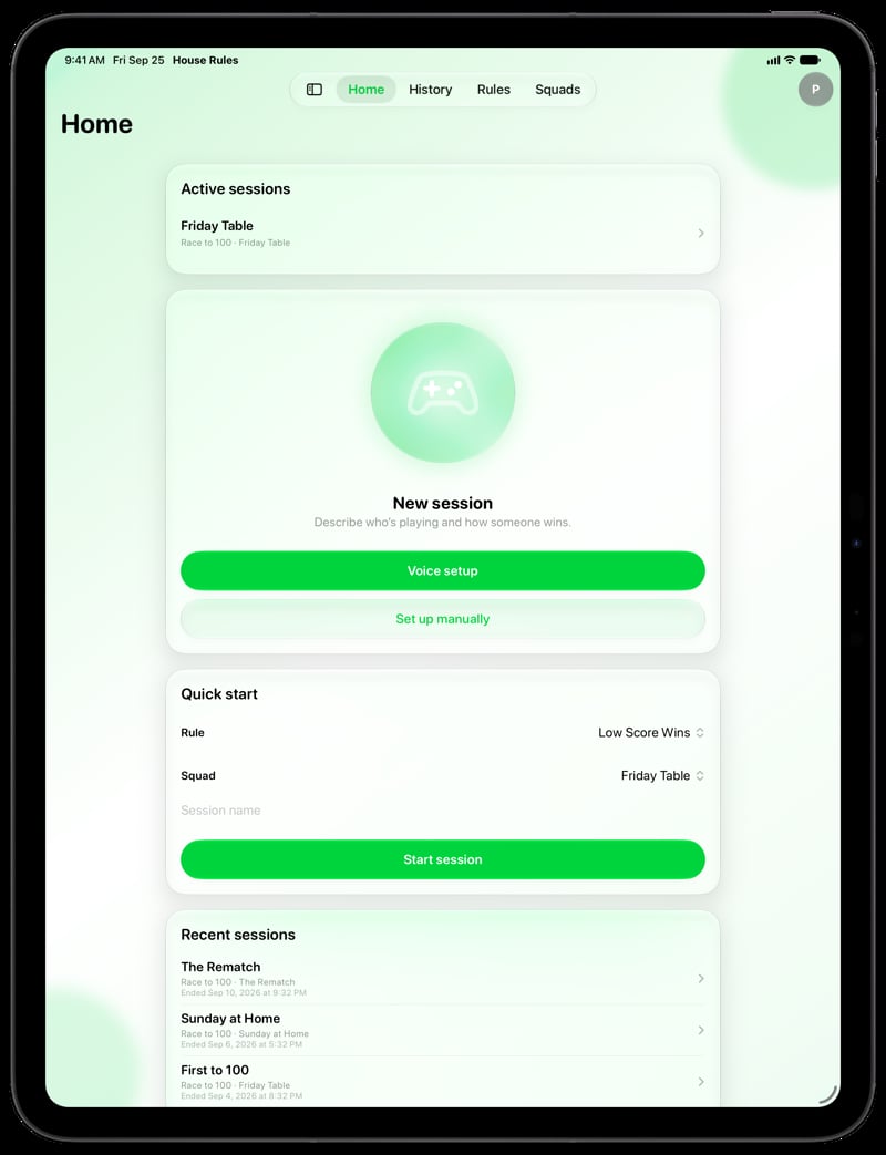 House Rules on iPad Pro 13-inch showing Home for the Friday Table session, in the Green tint, light appearance.