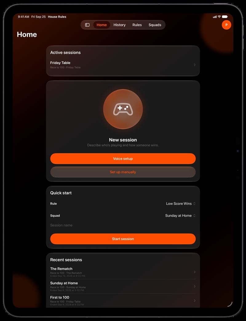 House Rules on iPad Pro 13-inch showing Home for the Friday Table session, in the Orange tint, dark appearance.